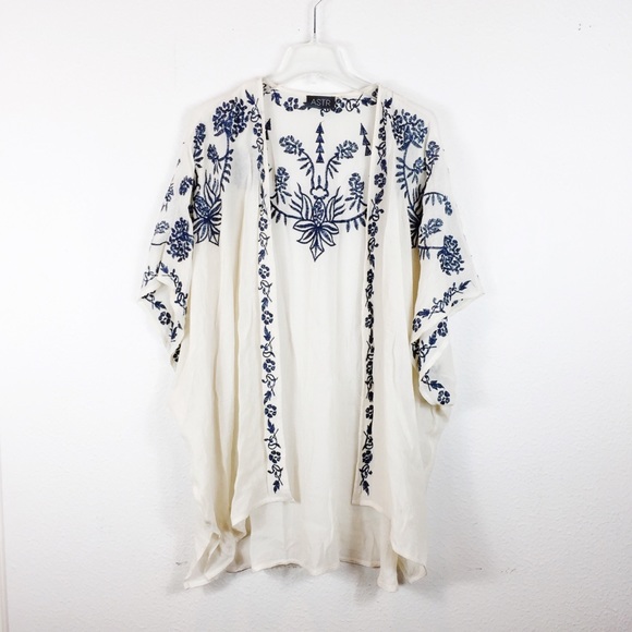Astr Tops - ASTR Boho Floral Embroidered Kimono Medium